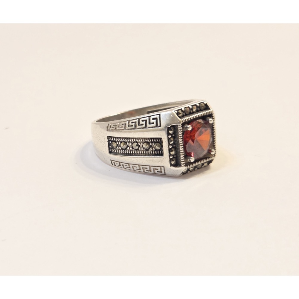 Large Men's Sterling Silver Garnet & Marcasite Greek Key Ring Size 12